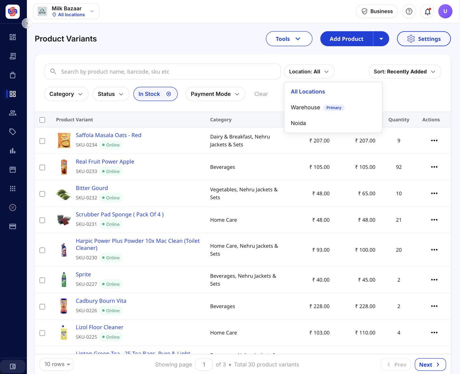The Shoopy inventory screen: one product list with the location switcher open, stock counted per location
