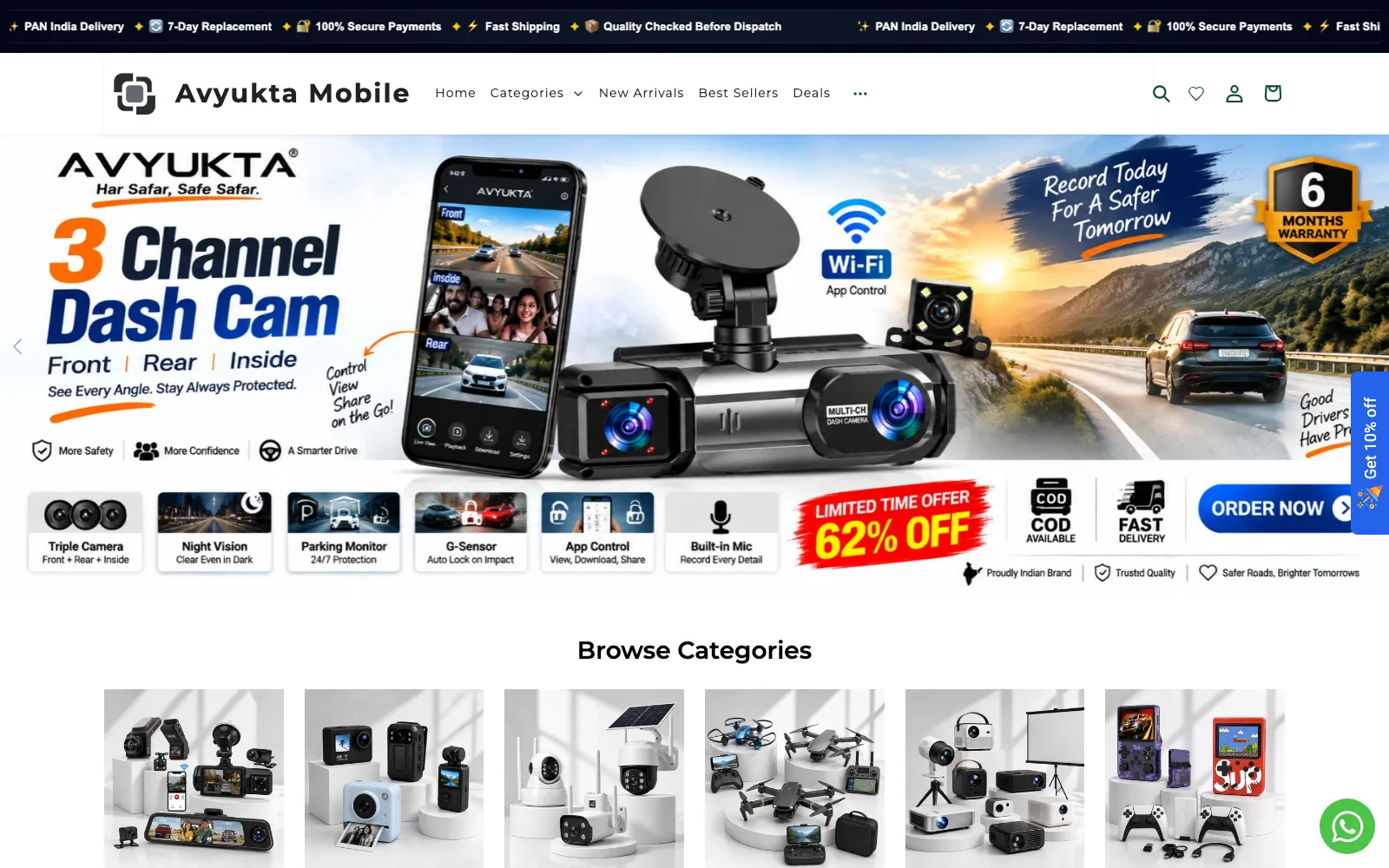 The live Avyukta Mobile online store: a three-channel dash cam banner with cash on delivery, above product categories