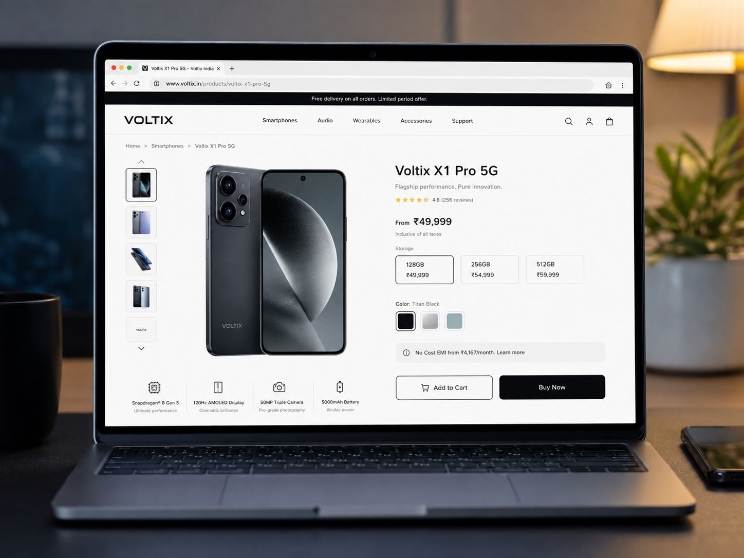 An electronics brand's own online store built on Shoopy, showing a phone product page with storage options and prices