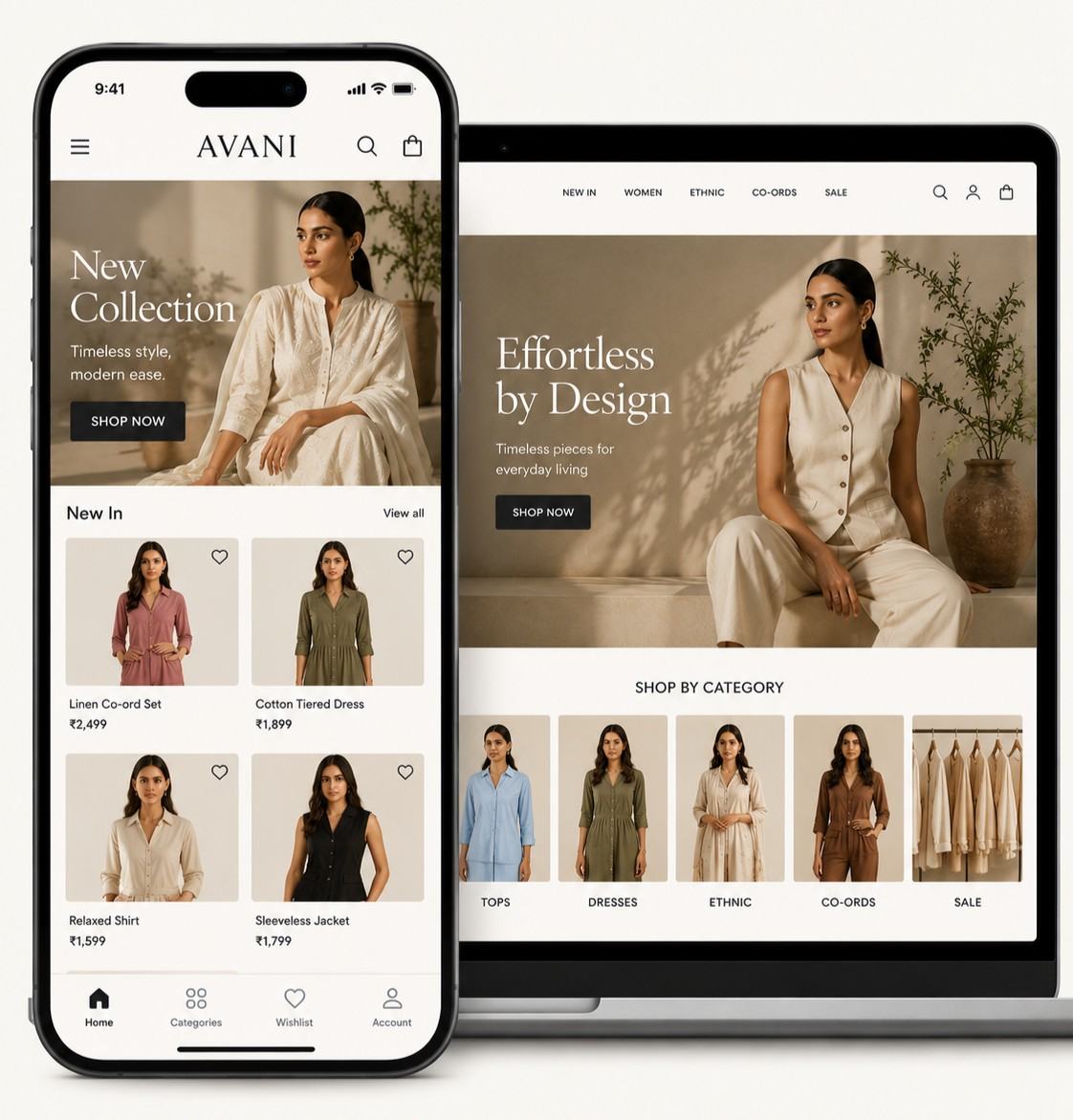 A shopper's phone showing the AVANI branded shopping app beside the same brand's website on a laptop — one online store and one branded app on Shoopy.