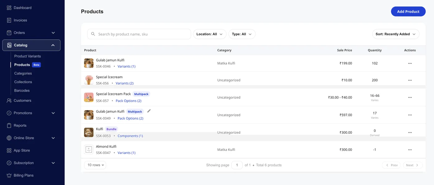 Shoopy Products page with the Add Product button at the top-right and a catalog of Simple, Variants, Multipack, and Bundle products