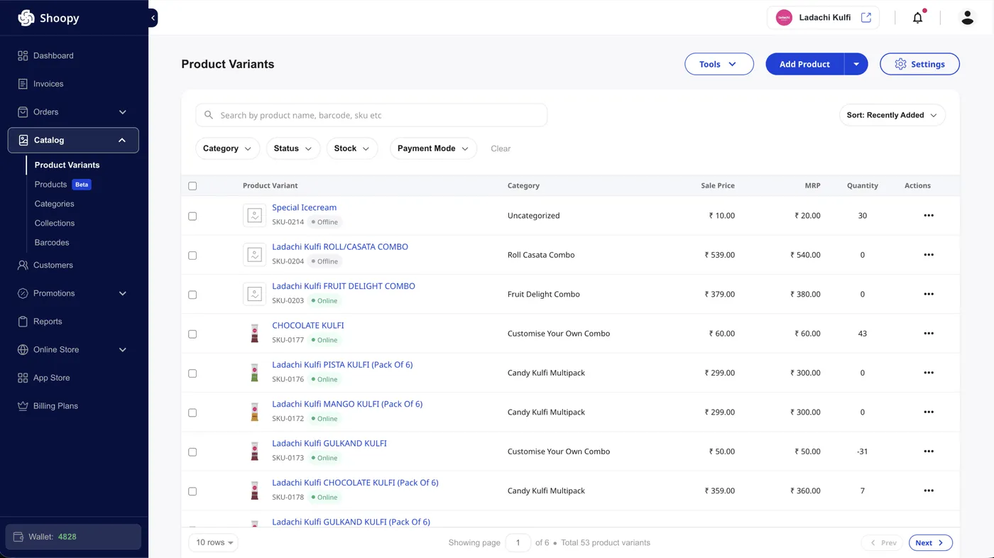 Shoopy sidebar with the Catalog group expanded, showing Product Variants, Products, Categories, Collections, and Barcodes