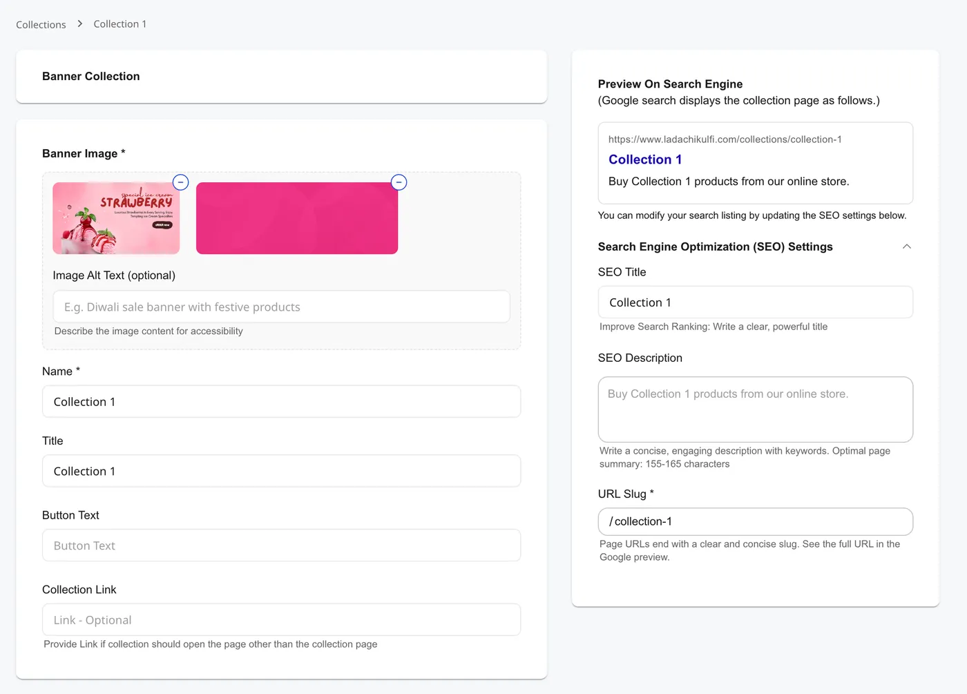 Banner Collection form in the Shoopy admin with the banner image upload, Name and Title fields, Button Text, Collection Link, and the Search Engine Optimization (SEO) Settings panel showing the Google search preview, SEO Title, SEO Description, and URL Slug