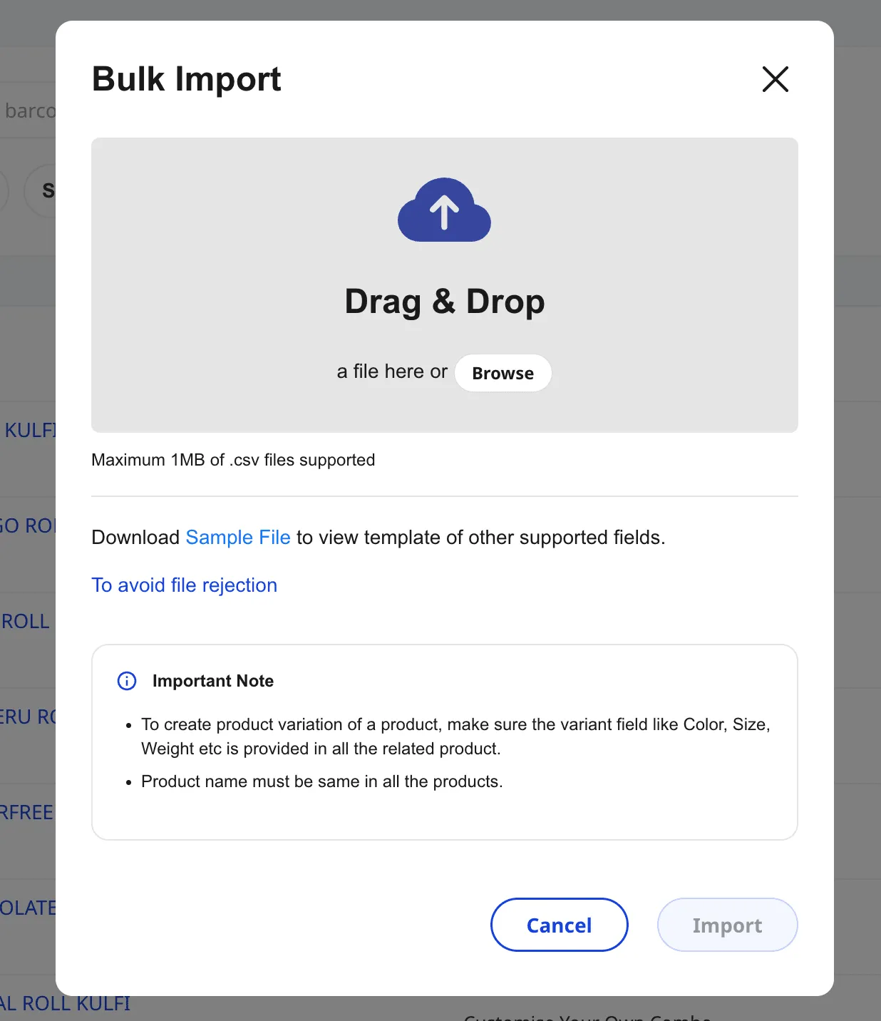 Shoopy bulk import modal with Sample File link and CSV drop zone