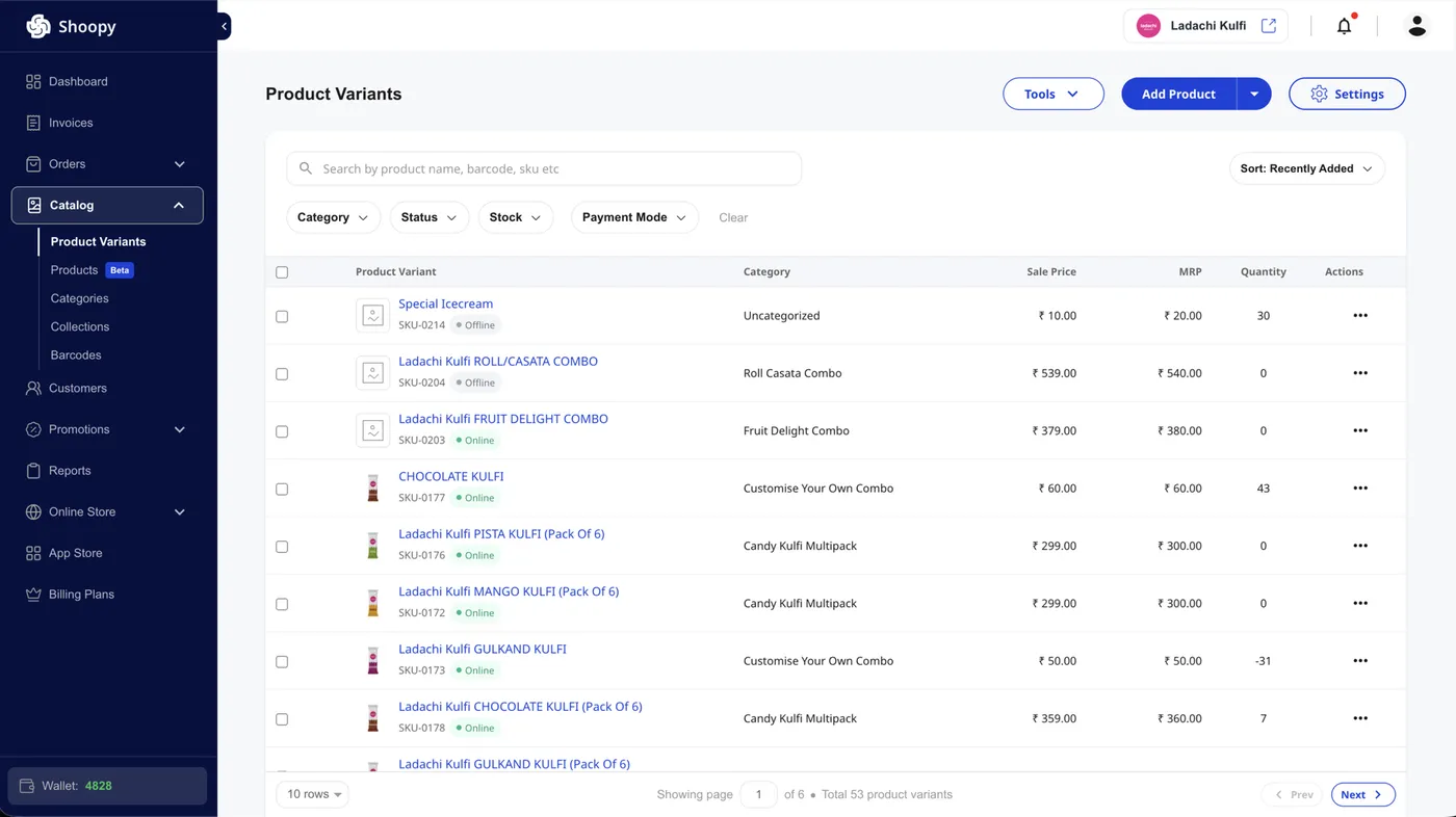 Shoopy admin sidebar showing Categories and Collections side by side under Catalog