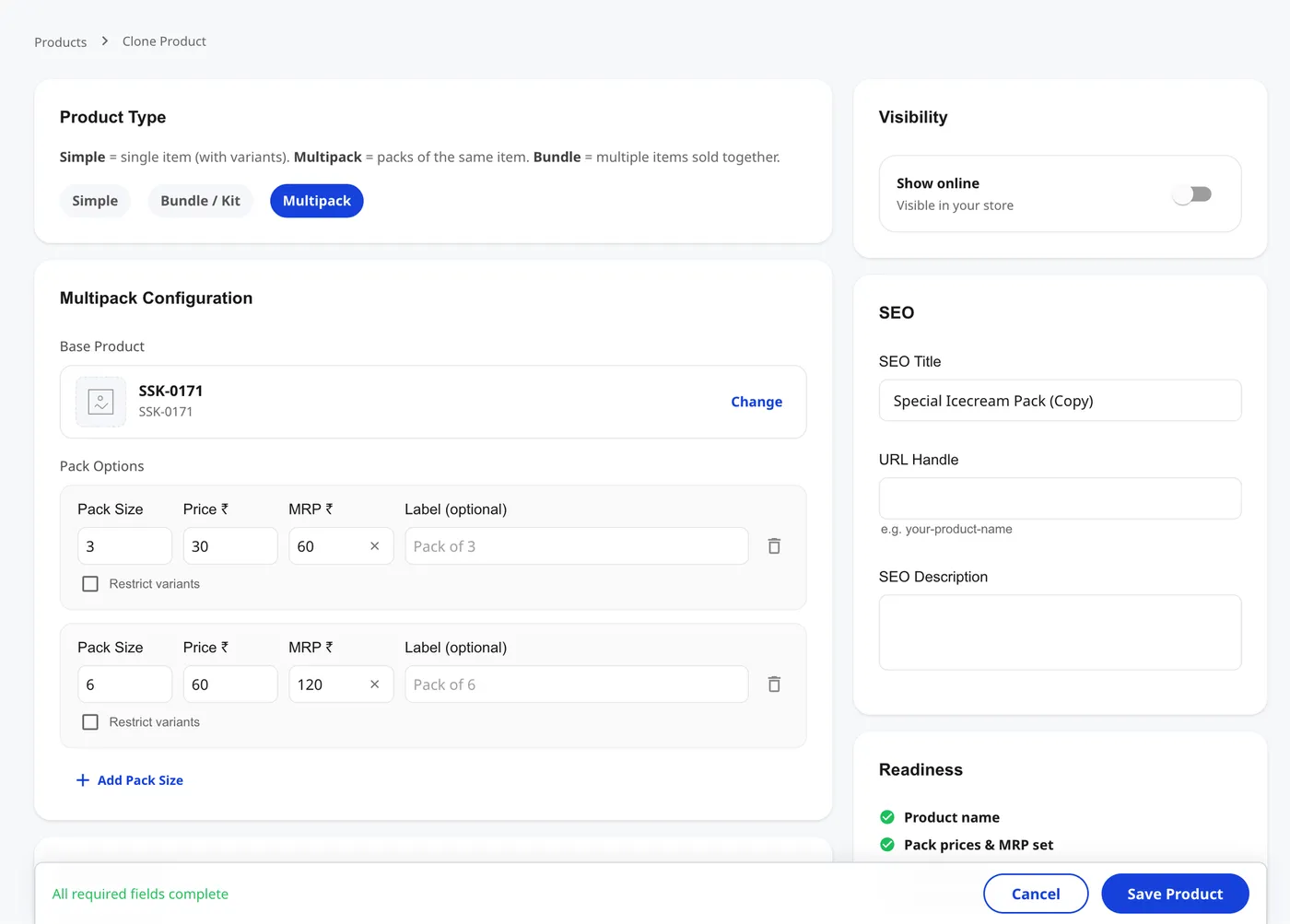 Clone Product form pre-filled from the original — Product Type, Multipack Configuration with Base Product and Pack Options, Visibility (Show online toggle off), SEO panel with SEO Title auto-suffixed "(Copy)", and the Readiness checklist at the bottom right