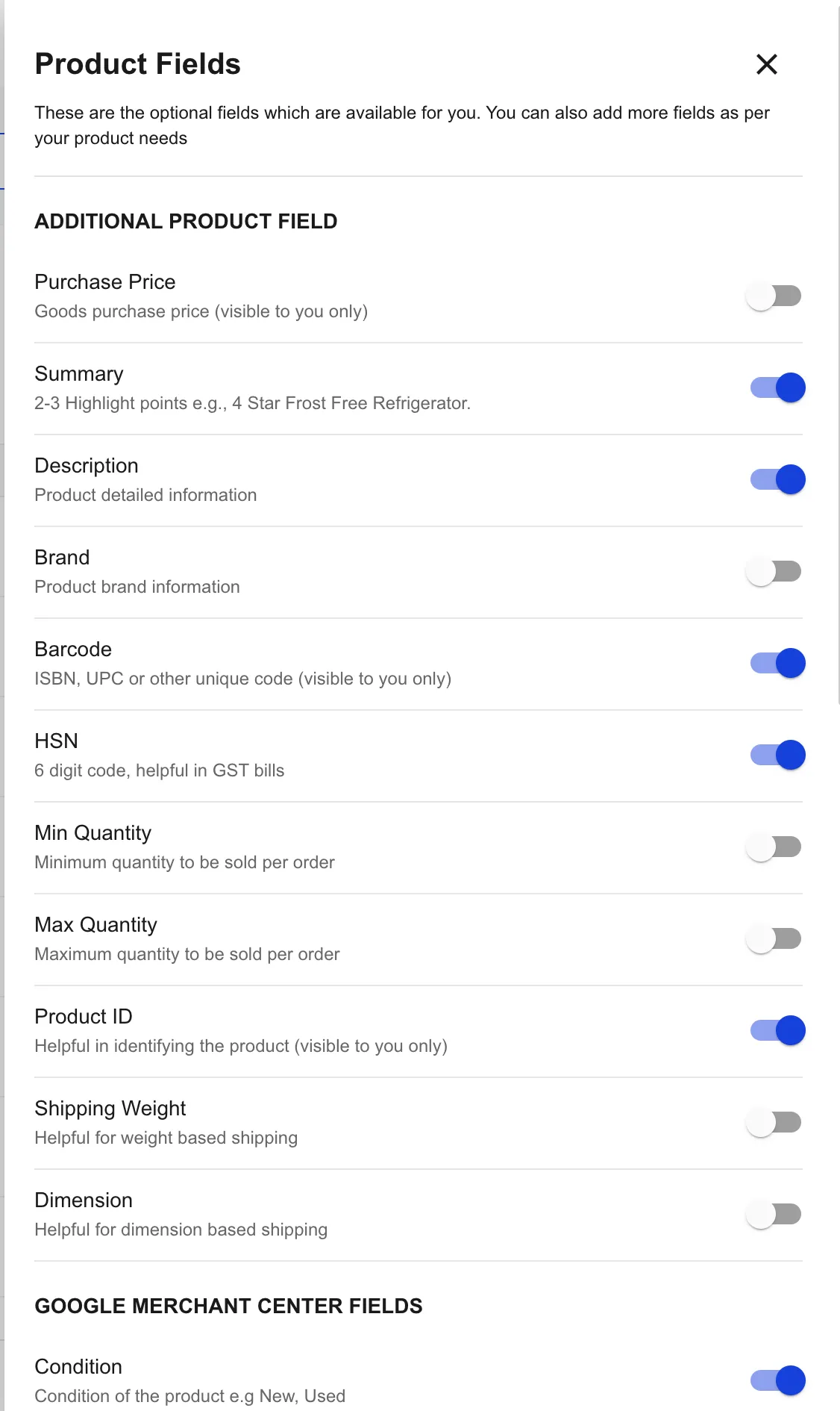 Shoopy Product Fields panel showing the list of built-in fields with toggle switches — Purchase Price, Summary, Description, Brand, Barcode, HSN, Min Quantity, Max Quantity, Product ID, Shipping Weight, Dimension, and Google Merchant Center fields