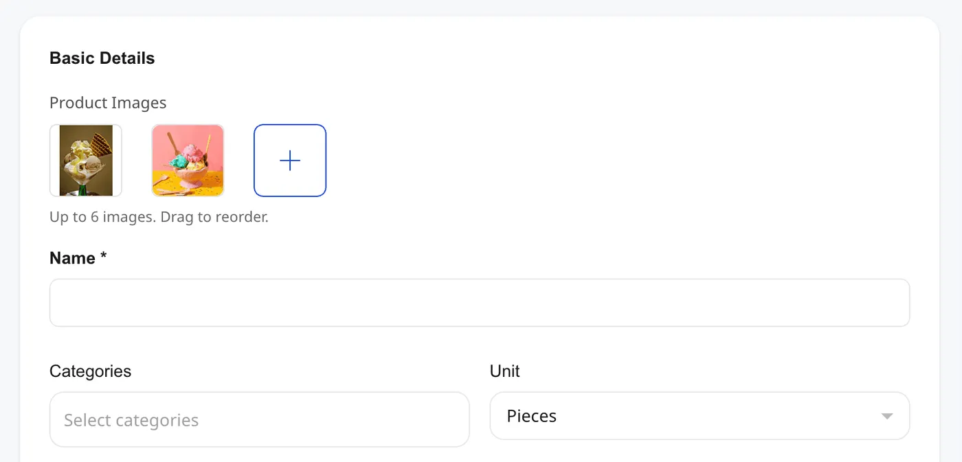 Shoopy Product Images block on the Add Product form — two uploaded thumbnails, a plus-icon tile for the next upload, and a "Up to 6 images. Drag to reorder." hint