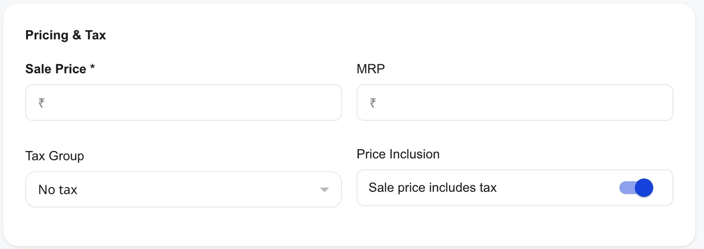 Shoopy pricing section on the product form showing Sale Price, MRP, Tax, and HSN Code fields