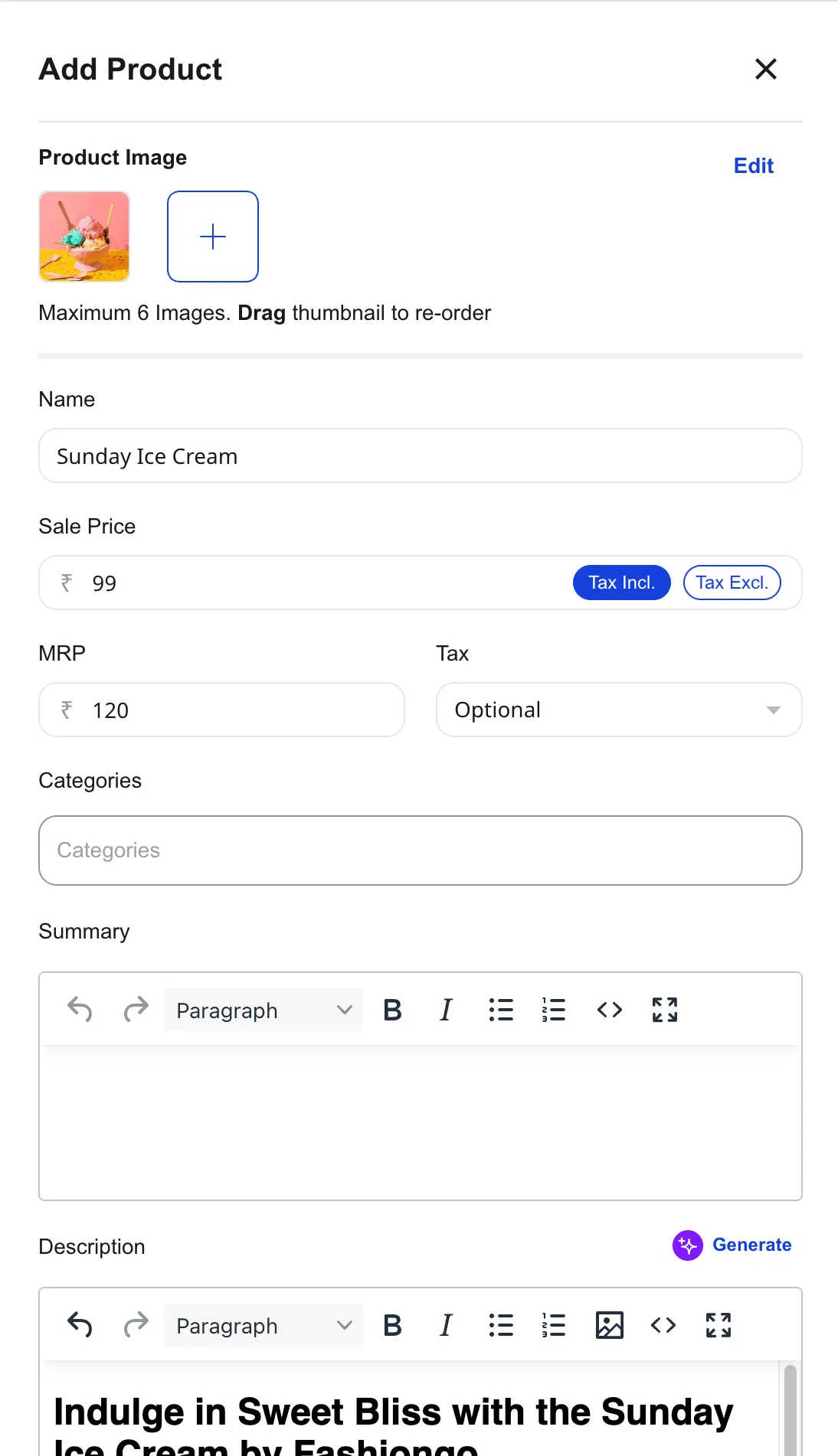 Shoopy add variant drawer showing the variant form — product image, name, sale price, MRP, tax, categories, and summary fields
