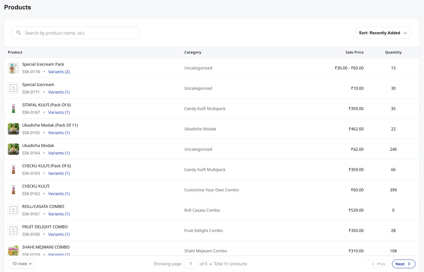 Shoopy Products list page — the entry point for the Product Fields panel