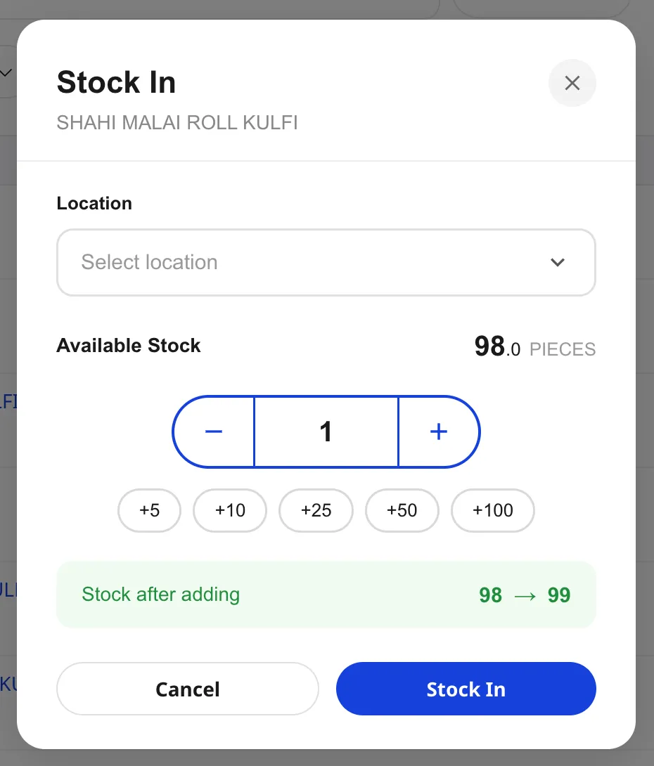 Shoopy Stock In modal — Location dropdown, Available Stock 98 PIECES, +/− quantity counter, quick-add chips +5 / +10 / +25 / +50 / +100, green "Stock after adding 98 → 99" preview, Cancel and Stock In buttons