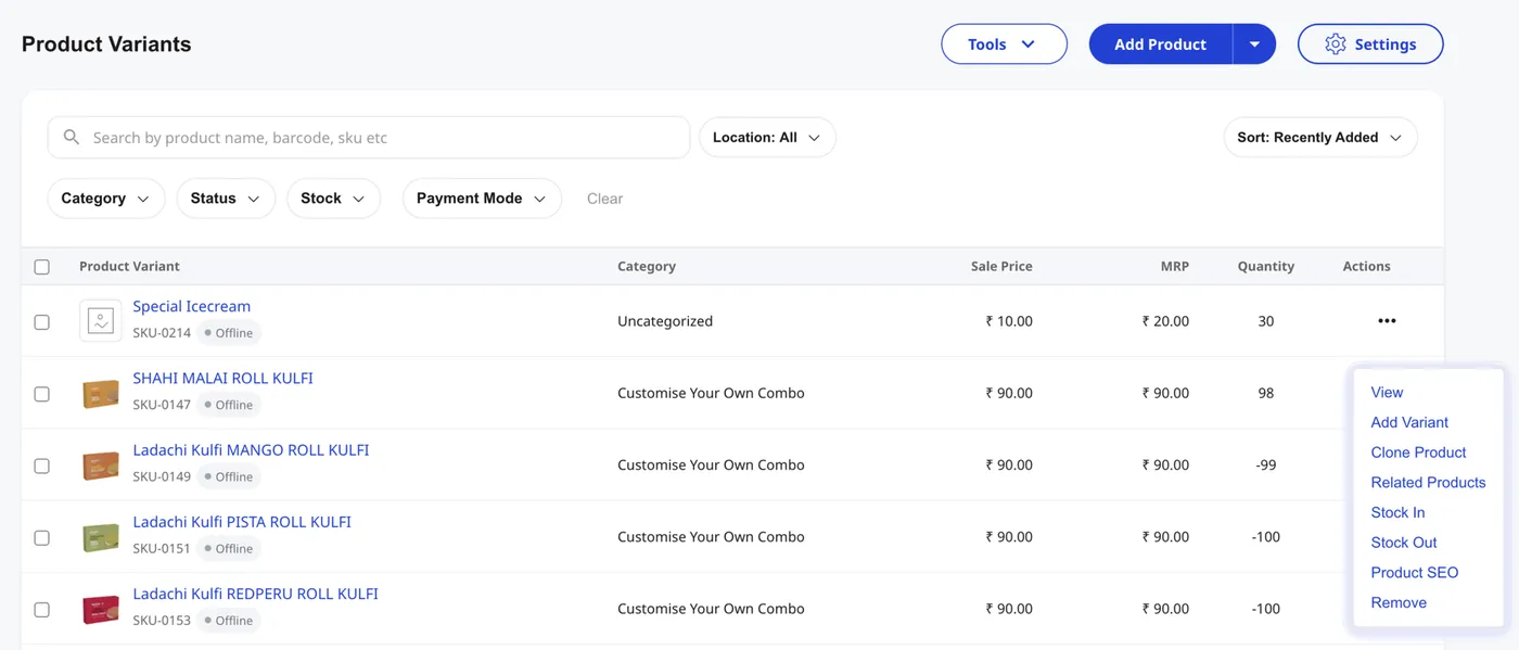 Shoopy catalog row with the Actions menu open showing View, Add Variant, Clone Product, Related Products, Stock In, Stock Out, Product SEO, and Remove
