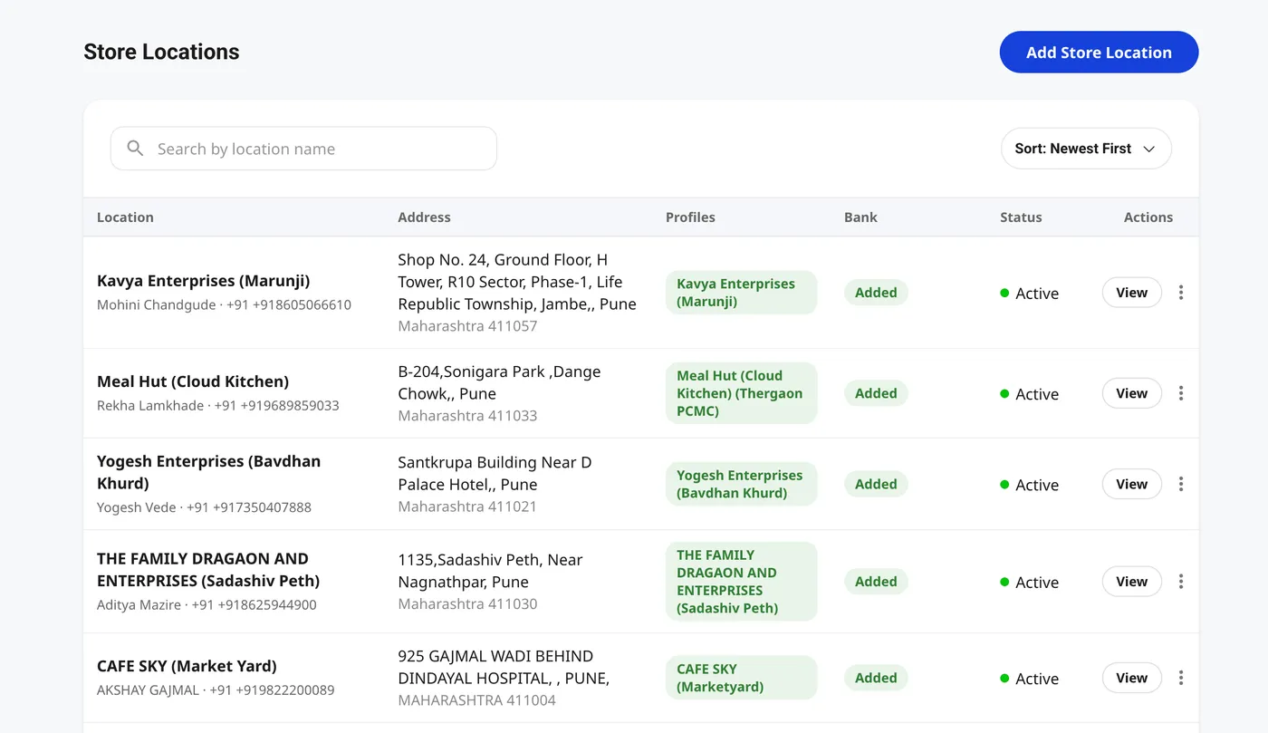 Shoopy Store Locations settings page listing active store locations with addresses, profiles, bank, and Active status badges, with the Add Store Location button in the top right