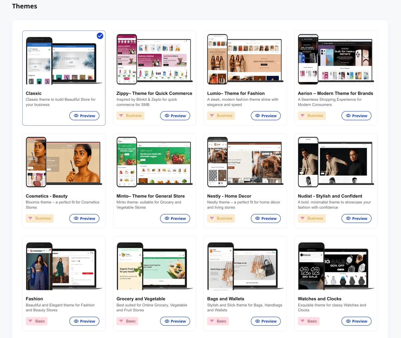 Shoopy Themes gallery showing 12 themes with preview buttons and plan badges to design your Shoopy store