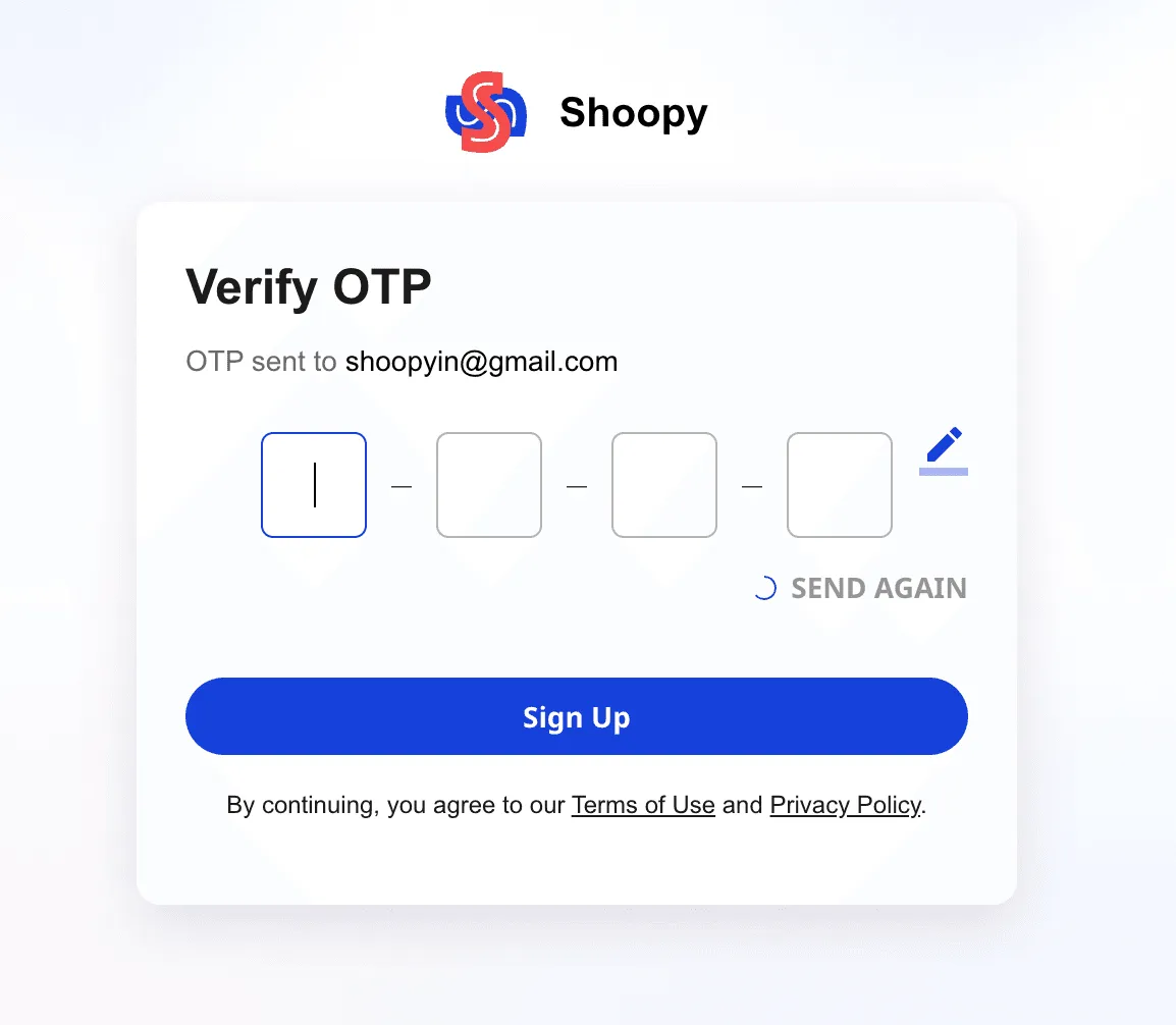 Verify OTP screen with 4-digit code entry for Shoopy account signup