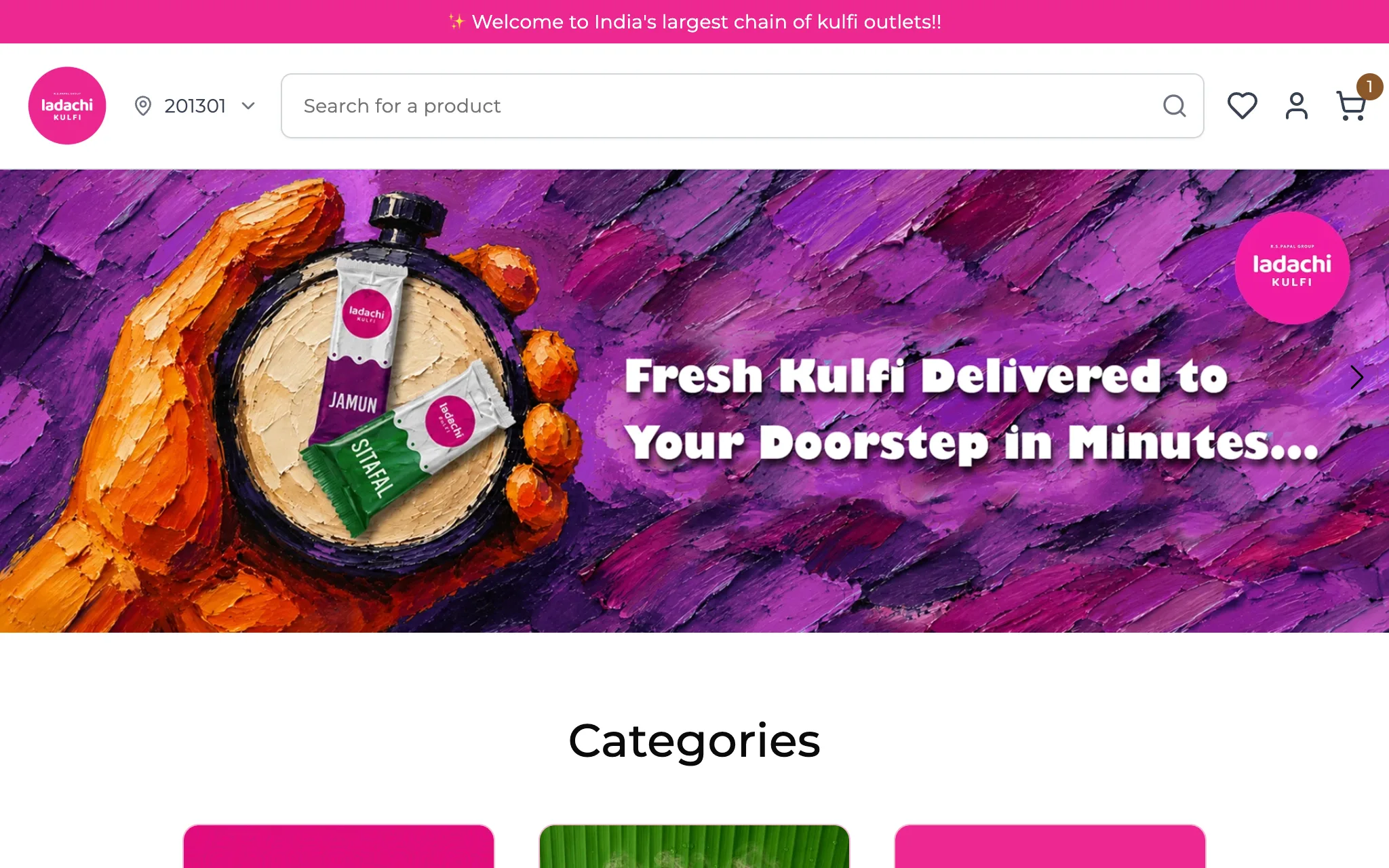 The live Ladachi Kulfi online store on a laptop: the pincode selector sits in the header, next to the logo, and decides which outlet serves the order