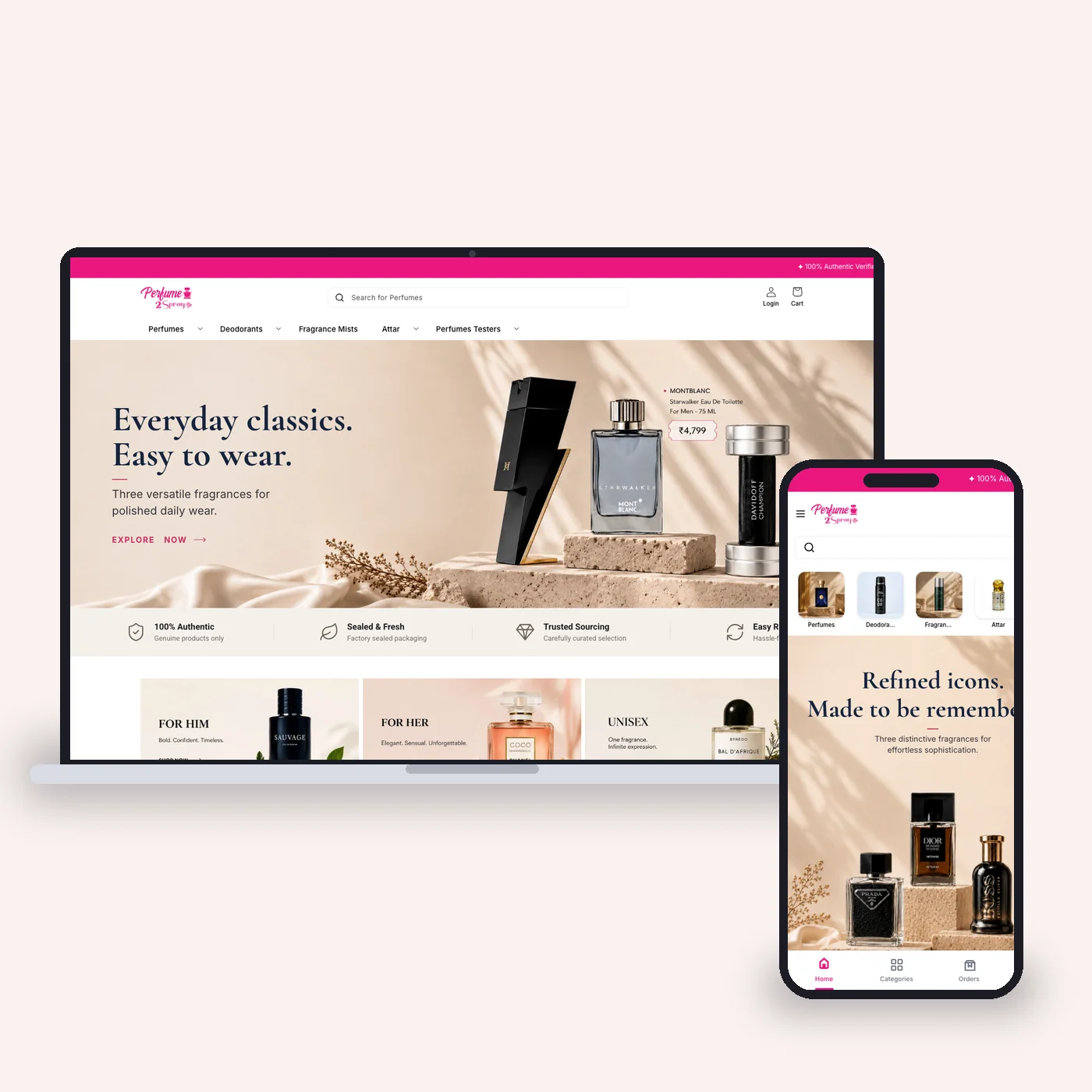 Real captures of the live Perfume2Spray store: the desktop storefront on a laptop and the mobile view on a phone