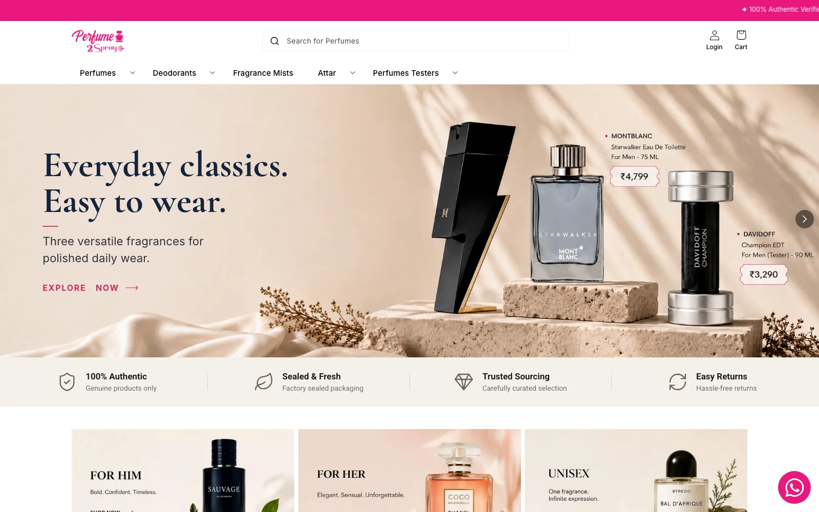 The live Perfume2Spray online store on a laptop: the brand's own navigation and hero carousel, captured August 2026