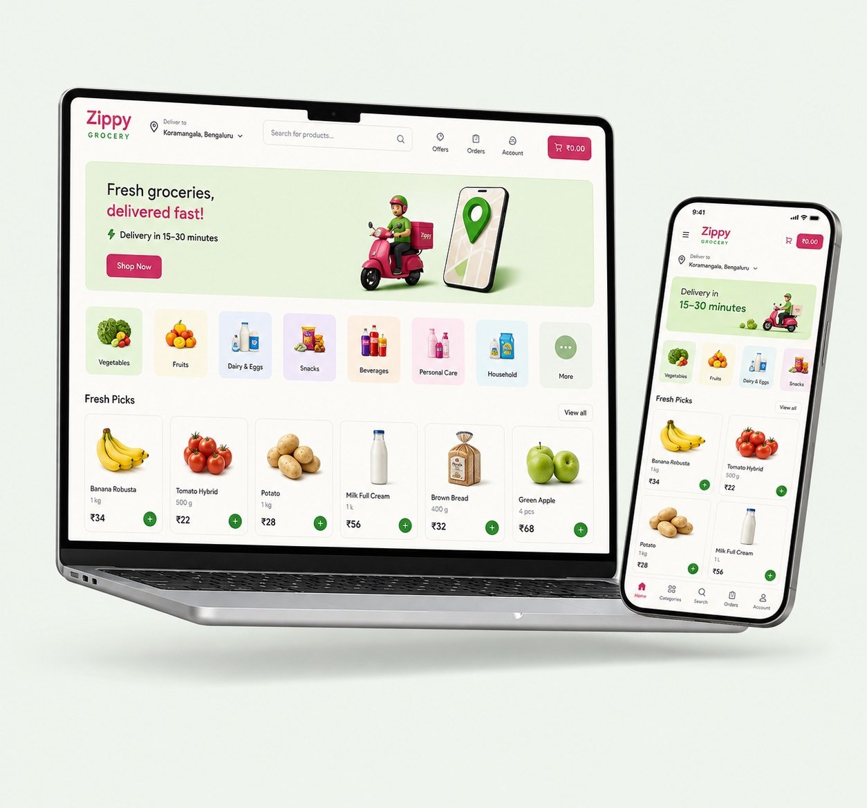 A grocery merchant's Shoopy storefront and quick-commerce app